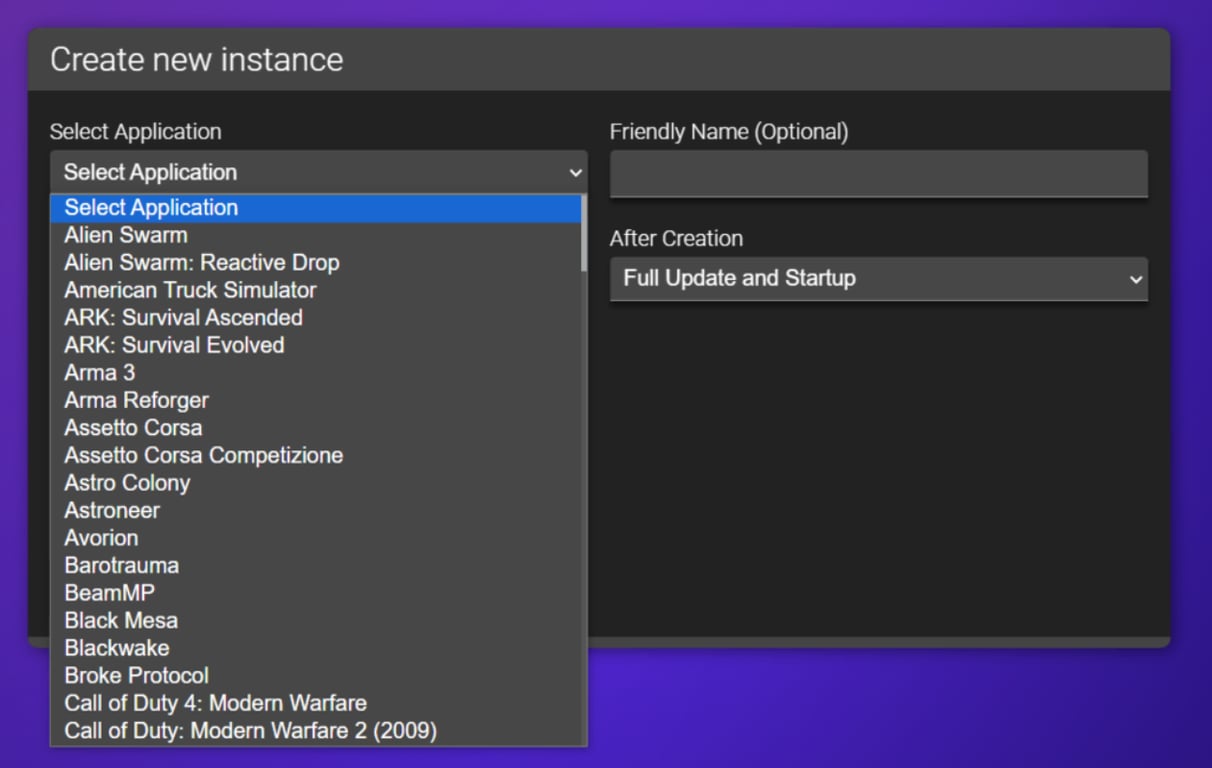 The Create New Instance menu in Hostinger Game Panel