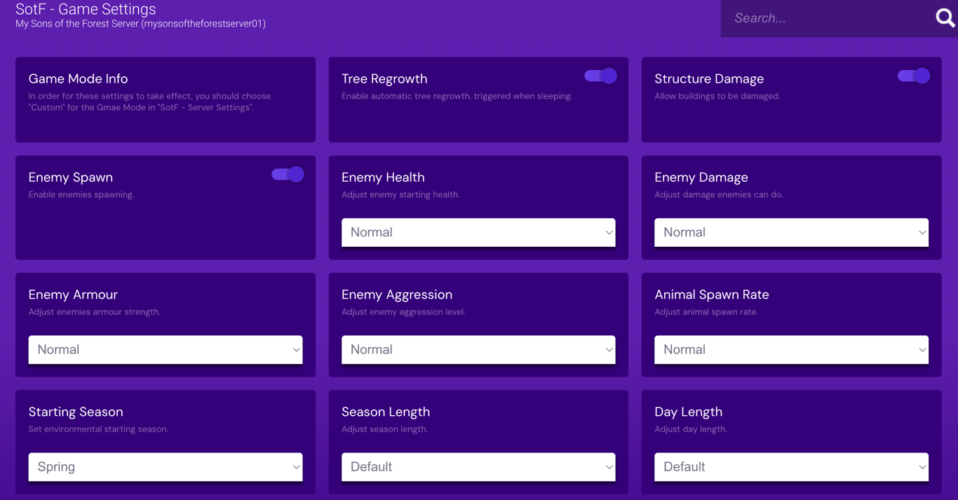 Game Panel's Sons of the Forest game settings