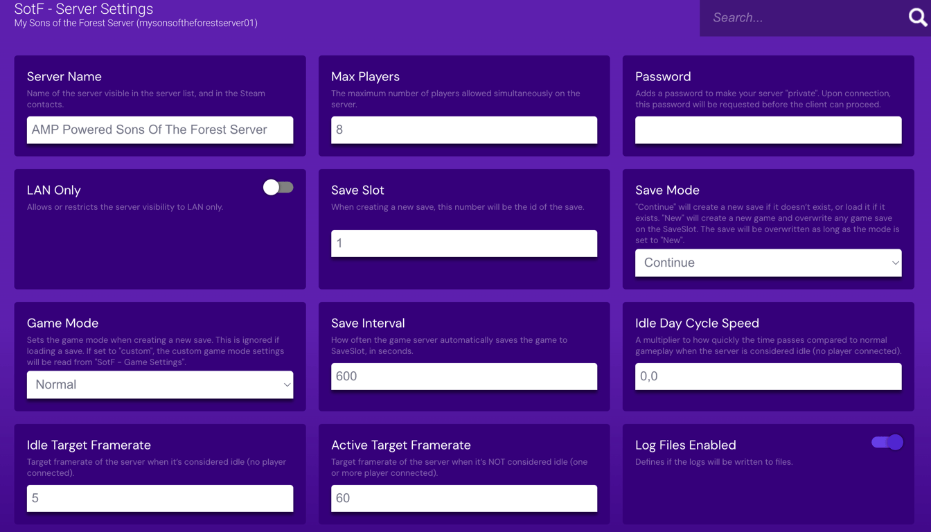Game Panel's Sons of the Forest server settings
