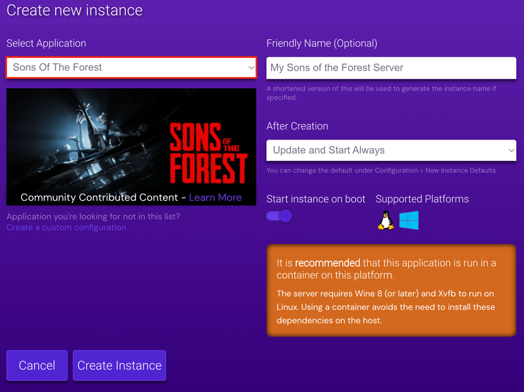 The Sons of the Forest instance on Game Panel