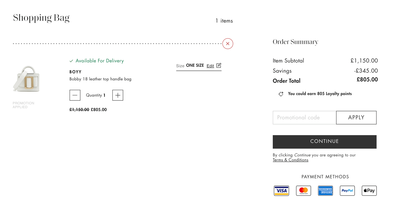 Harvey Nichols store's checkout page
