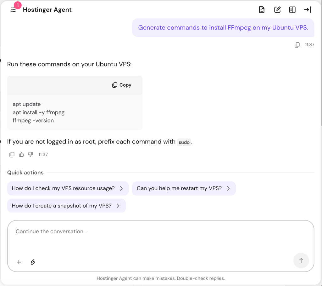 Hostinger Agent chat generating commands to install FFmpeg on an Ubuntu VPS, showing an apt install command block with a copy button and a note about using sudo