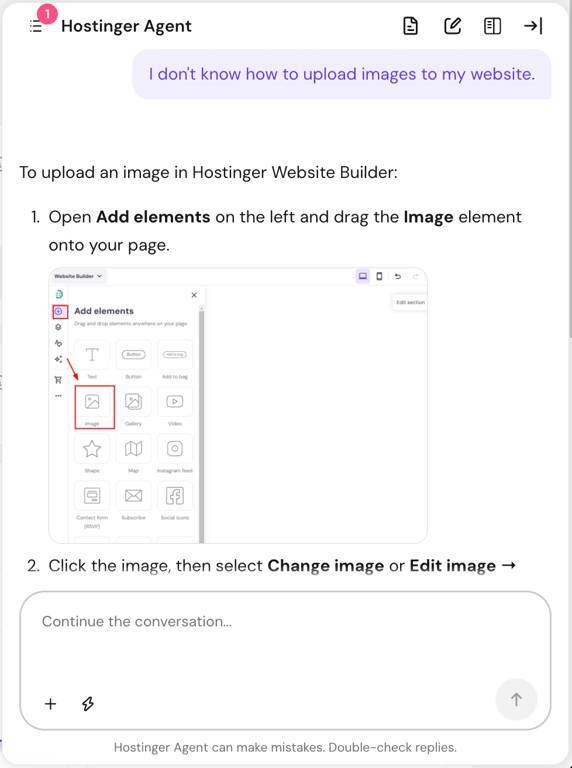 Hostinger Agent chat answering how to upload images, with step-by-step instructions and an annotated Hostinger Website Builder screenshot highlighting the Image element in the Add elements panel