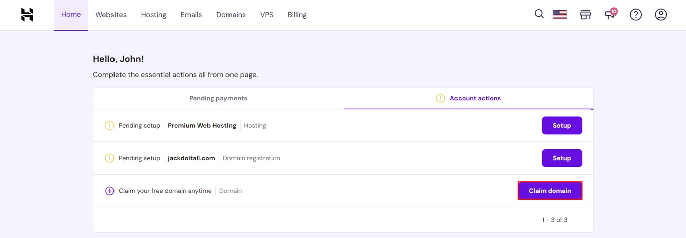 Claiming a free domain in hPanel's homepage