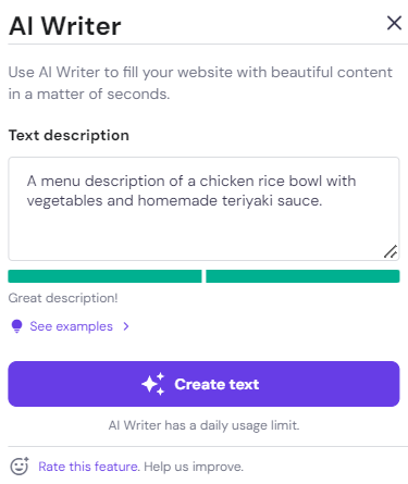 The AI Writer pop-up window on Hostinger Website Builder