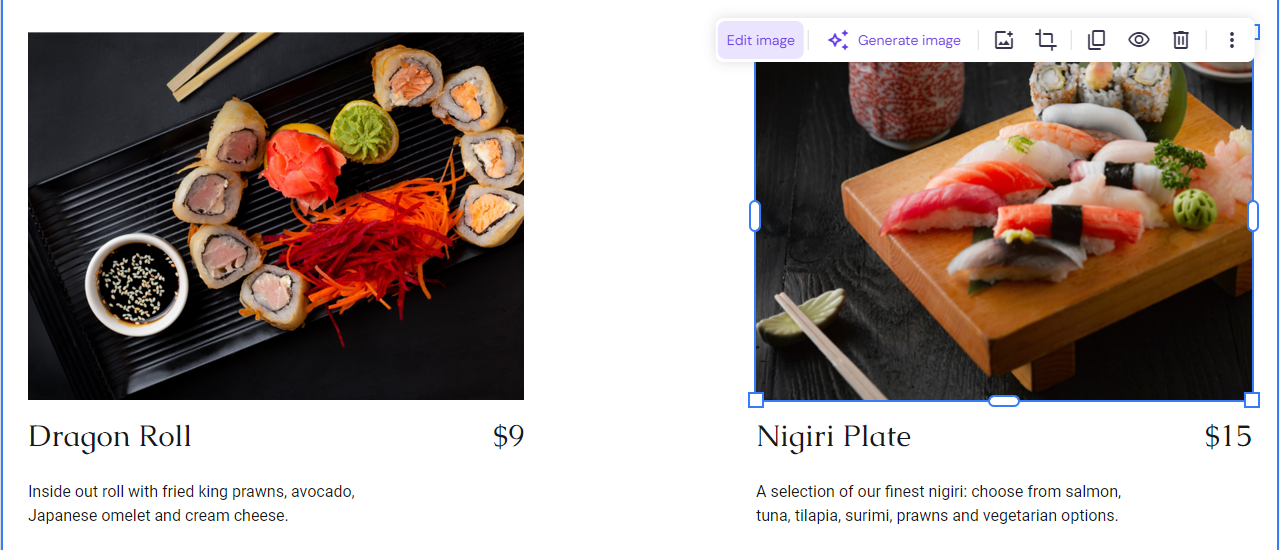 The Edit image button on Ginza's Menu page