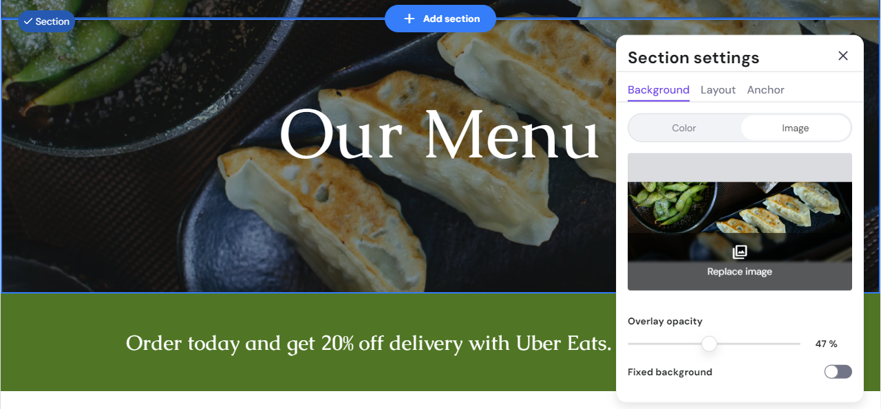 The Section settings pop-up window on Ginza's Menu page