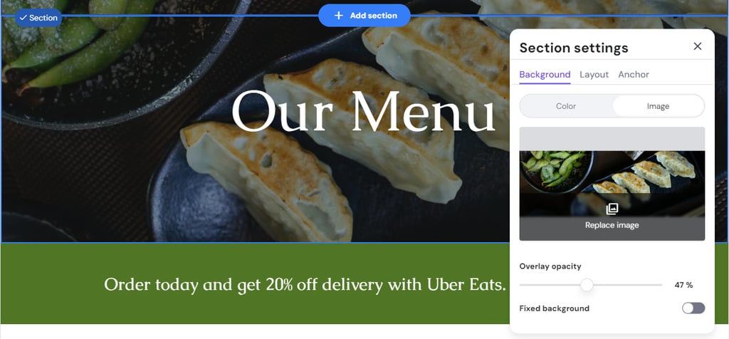 The Section settings pop-up window on Ginza's Menu page