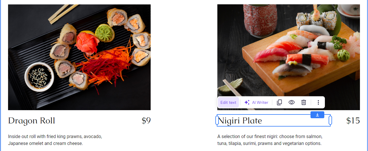 The Edit text button on Ginza's Menu page