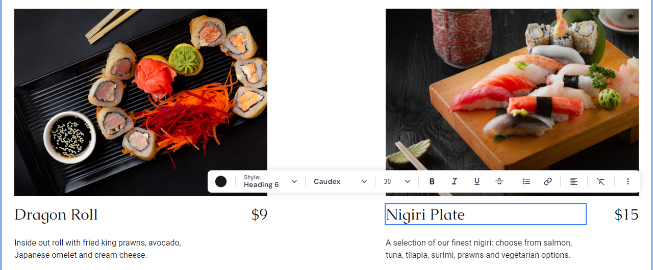 The toolbar for editing text elements on Ginza's Menu page