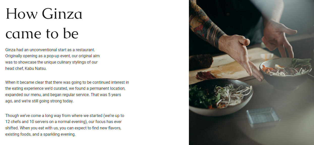 The Our Story page on Hostinger Website Builder's Ginza template