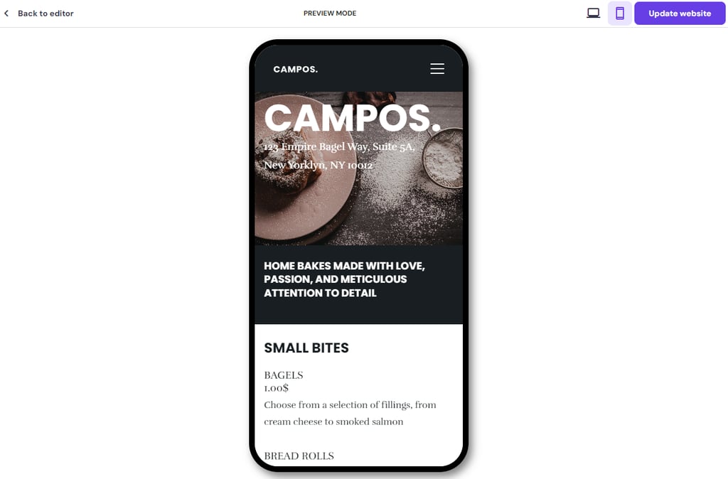 The Mobile version's preview on Hostinger Website Builder