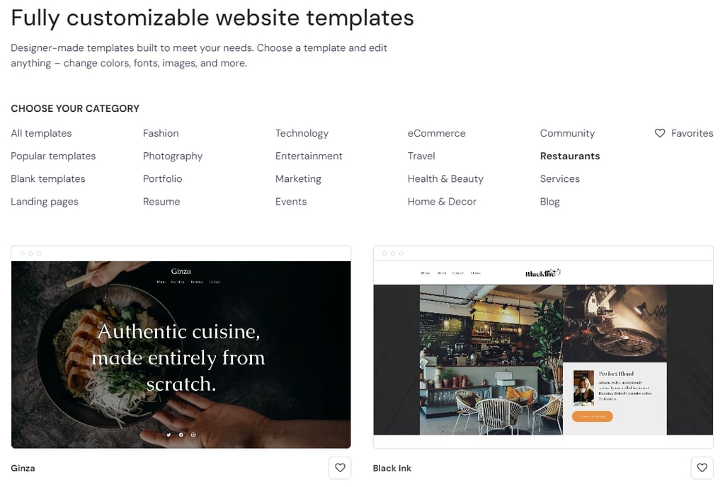 Two of Hostinger Website Builder's restaurant templates