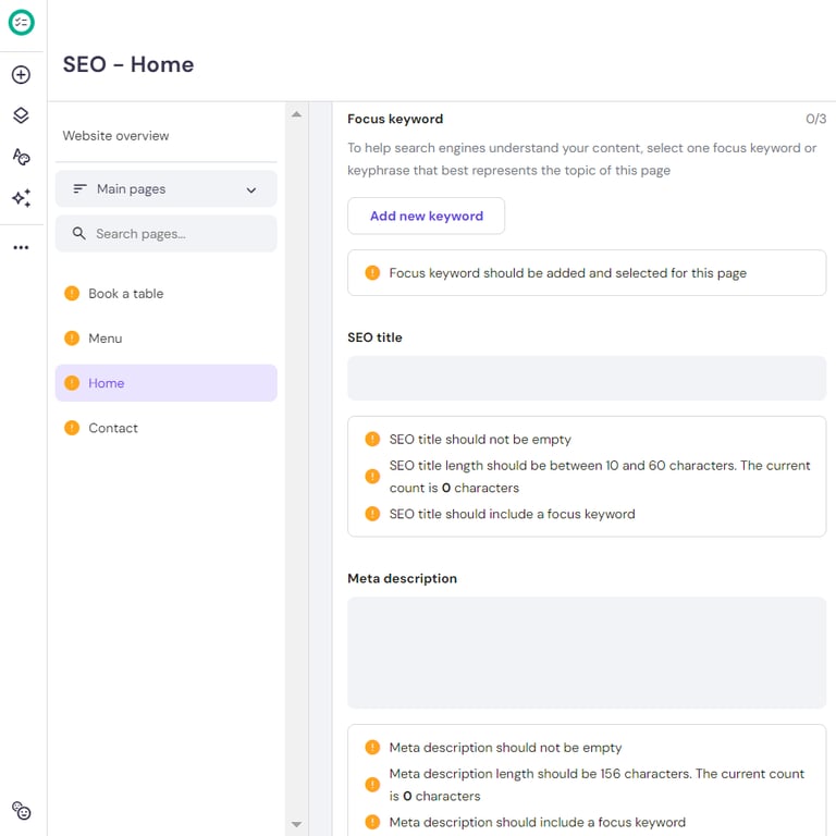 The Home section under SEO settings on Hostinger Website Builder