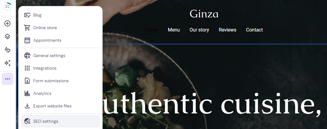 The SEO settings button on Hostinger Website Builder