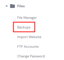 The Backups menu on hPanel.
