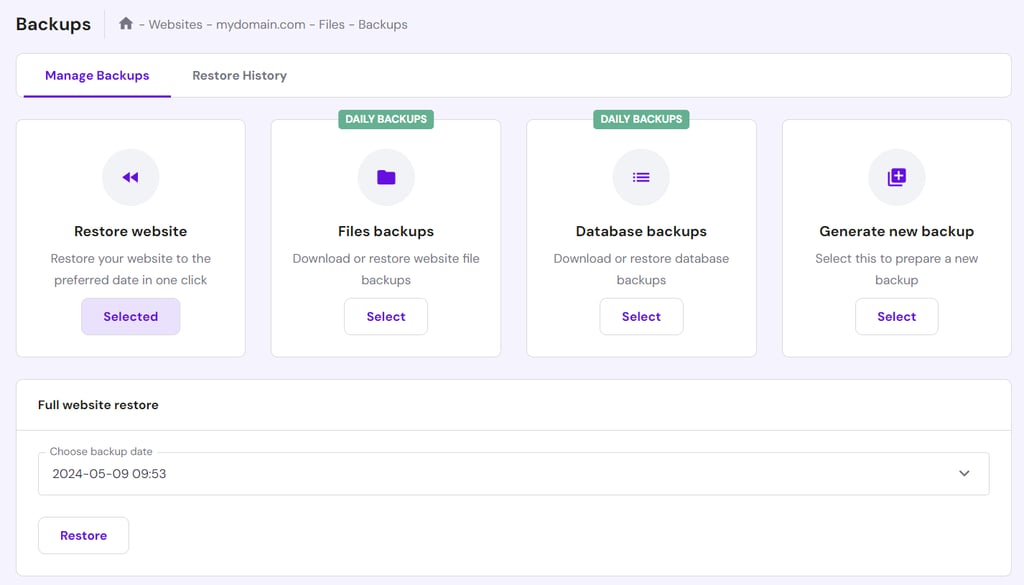 hPanel backups section