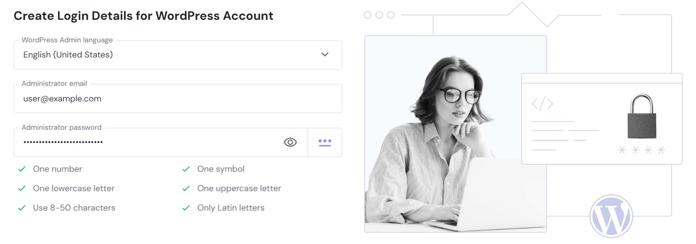 The step to create login details for the new WordPress website on hPanel
