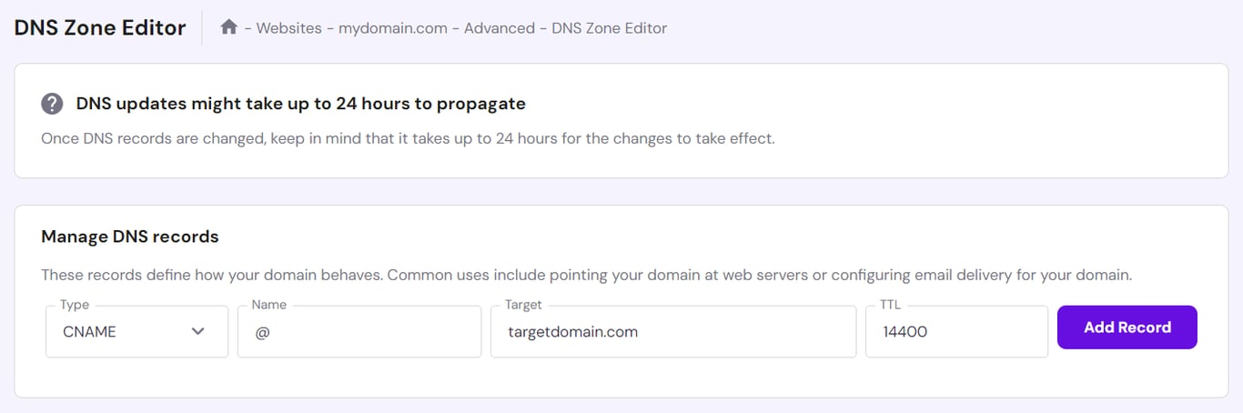DNS Zone Editor in hPanel