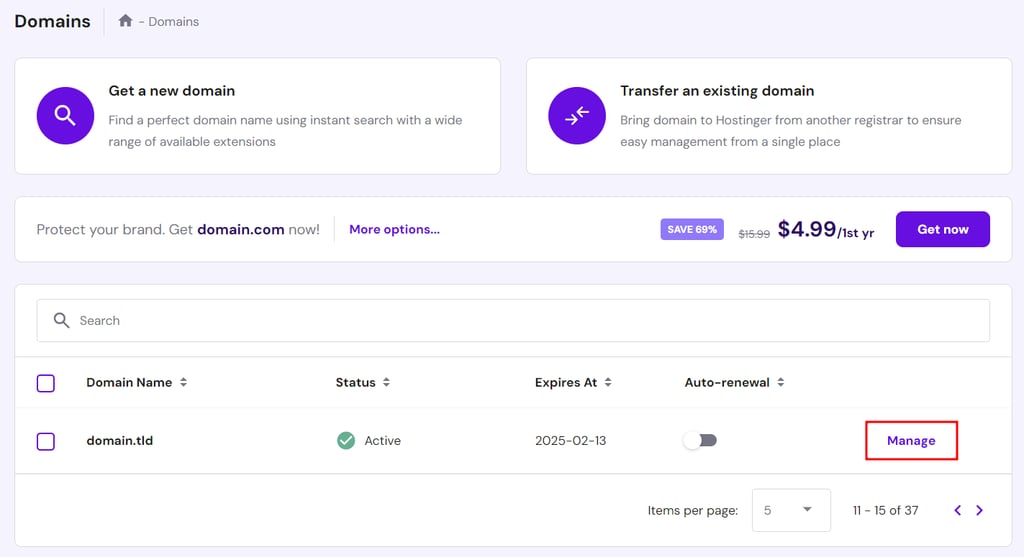 Domains section in Hostinger hPanel