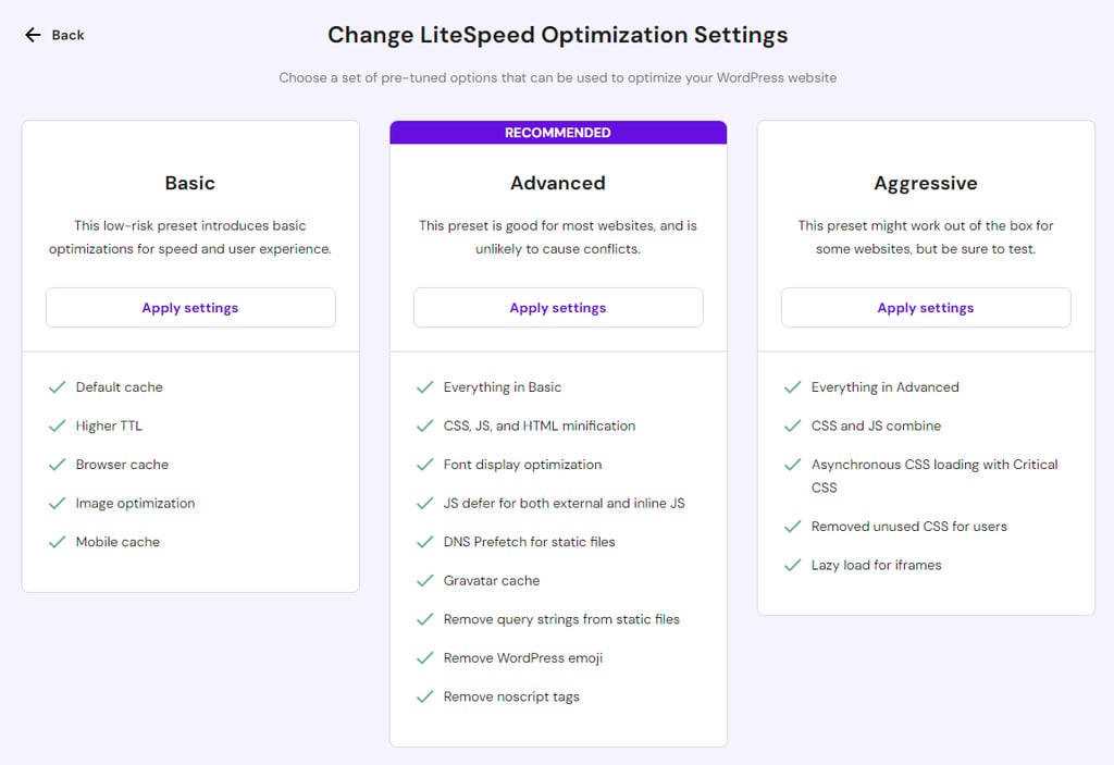 LiteSpeed optimization profiles in Hostinger