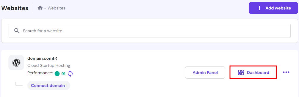 The dashboard button highlighted on hPanel&rsquo;s Websites tab.