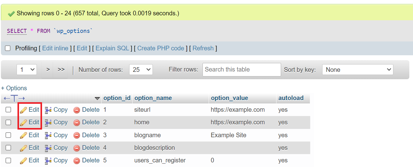 Editing both siteurl and home's option value on phpMyAdmin