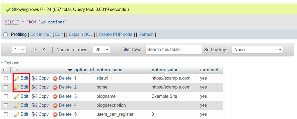Editing both siteurl and home's option value on phpMyAdmin