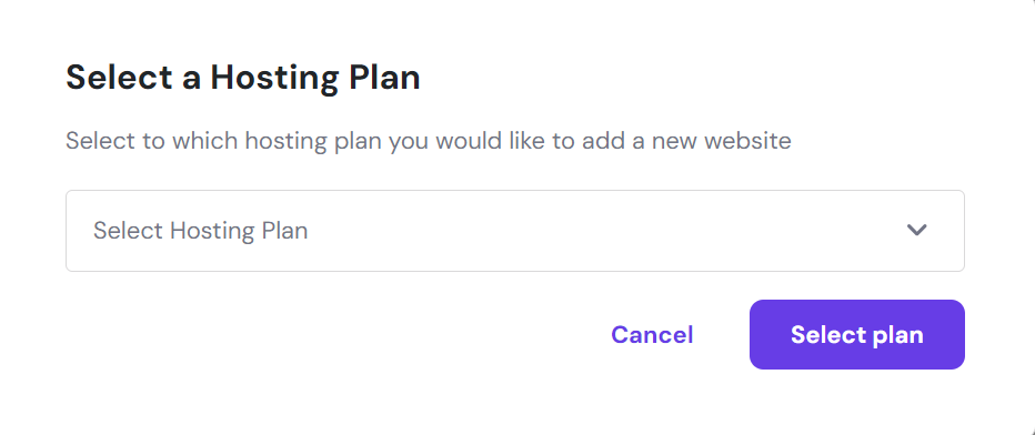 Options to select a hosting plan when adding a new website on hPanel.