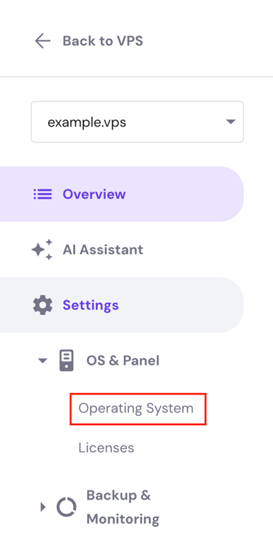Accessing the Operating System menu on hPanel