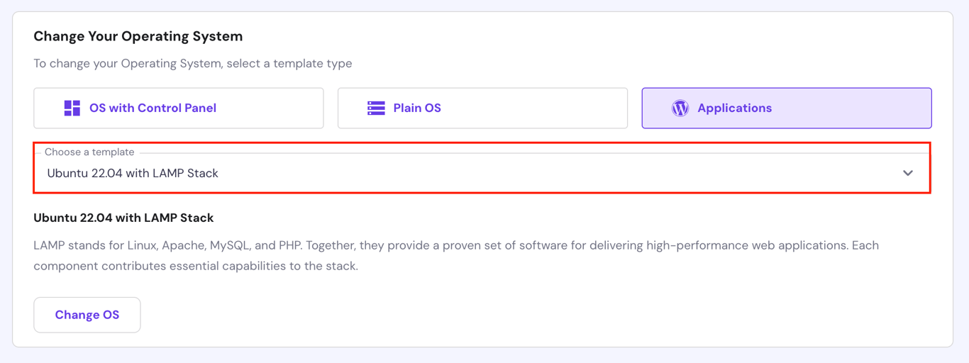 Choosing the Ubuntu 22.04 with LAMP Stack VPS template on Hostinger's hPanel