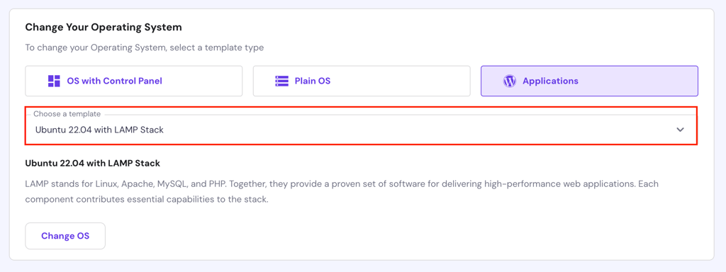 Choosing the Ubuntu 22.04 with LAMP Stack VPS template on Hostinger's hPanel