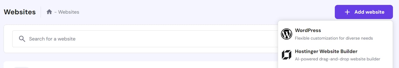 Options when creating a new website on hPanel