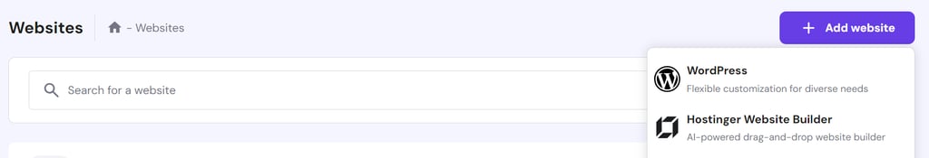 Options when creating a new website on hPanel