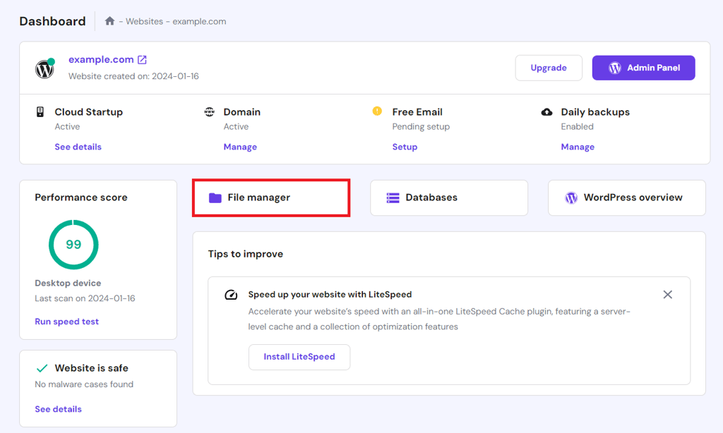 Accessing File Manager via the hPanel dashboard