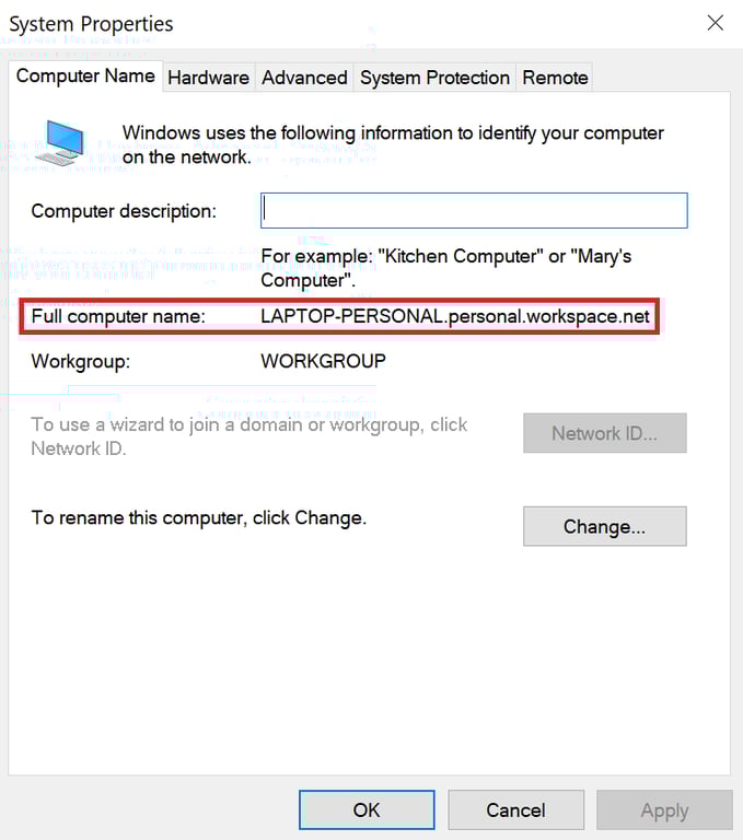 Windows system properties, highlighting the computer name