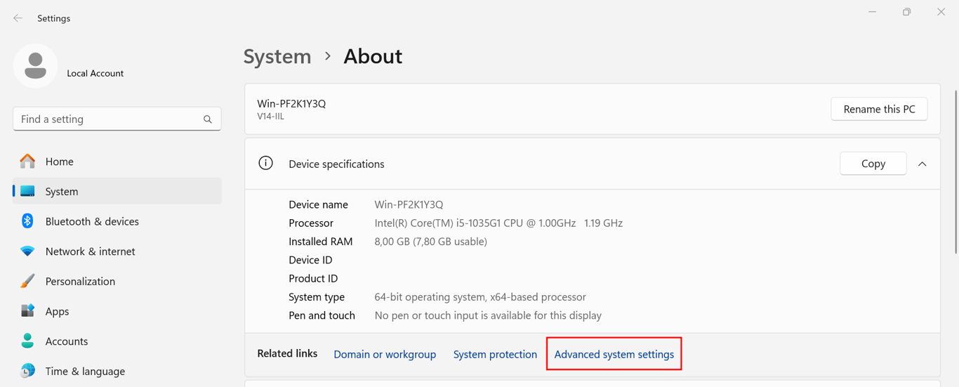 Windows system, highlighting the Advanced system settings menu