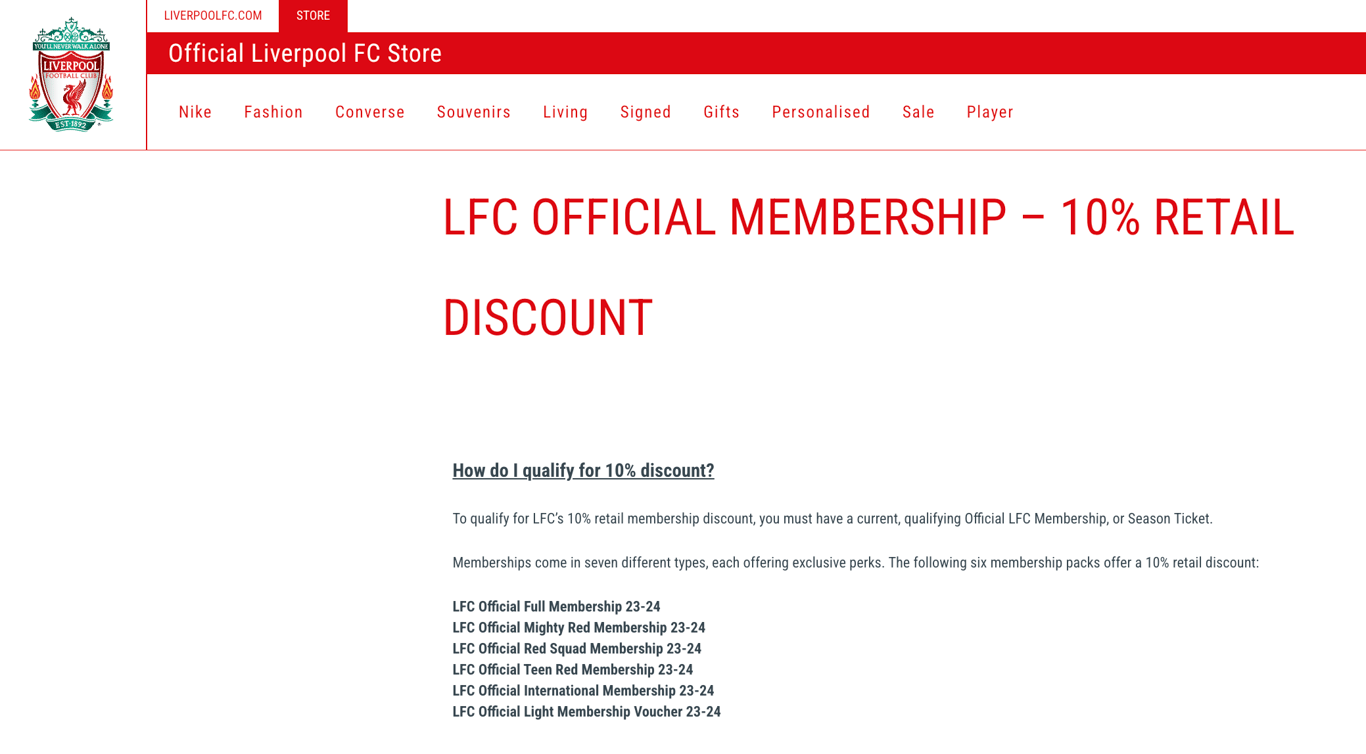Liverpool FC store's membership deals