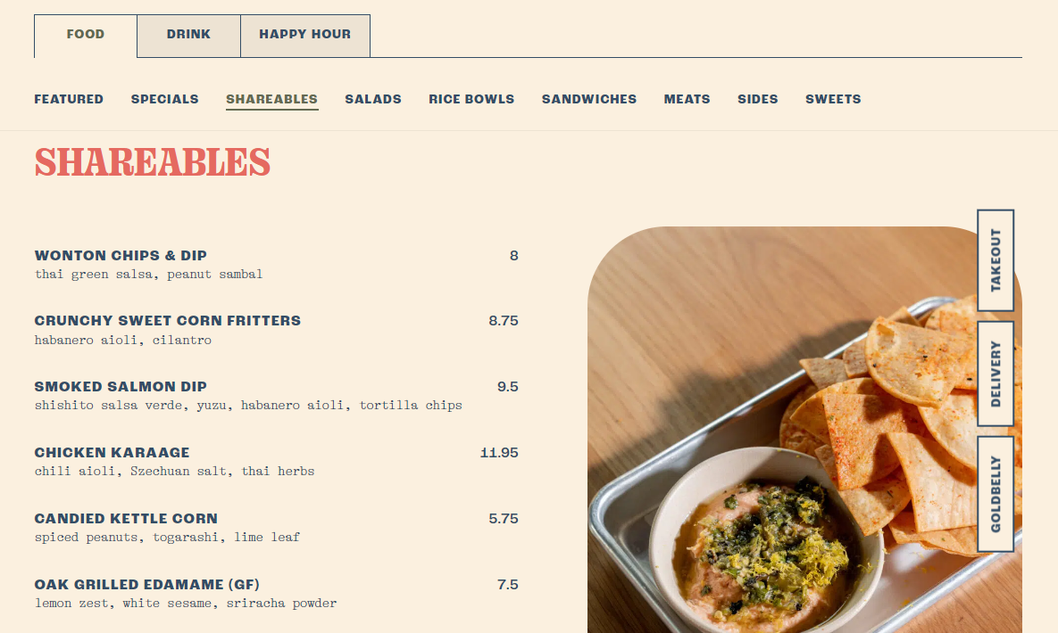 Loro's menu page uses one standout photo for each section