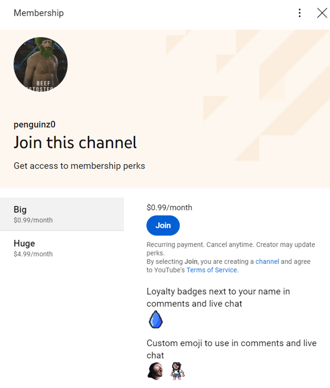 Penguinz0 or MoistCr1tikal YouTube membership perks and prices