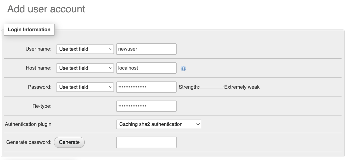 Adding a new user account on phpMyAdmin
