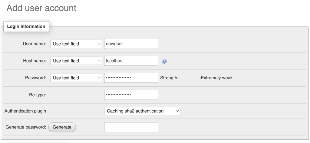 Adding a new user account on phpMyAdmin
