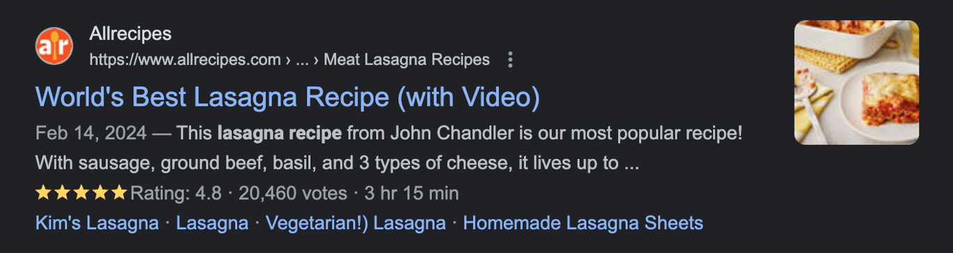 Schema markup for lasagna recipe article