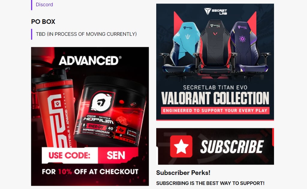 Sponsored brands featured in TenZ Twitch stream's description