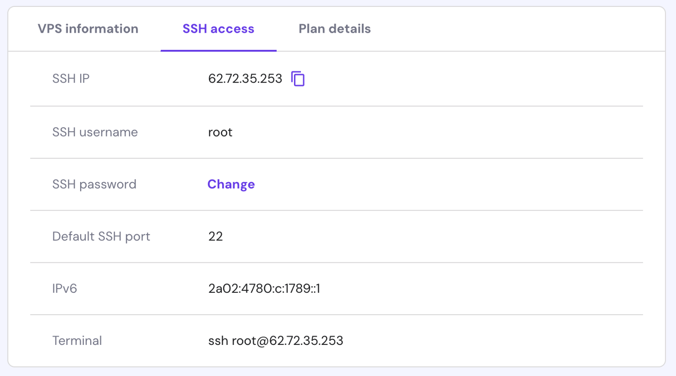 hPanel SSH Access tab
