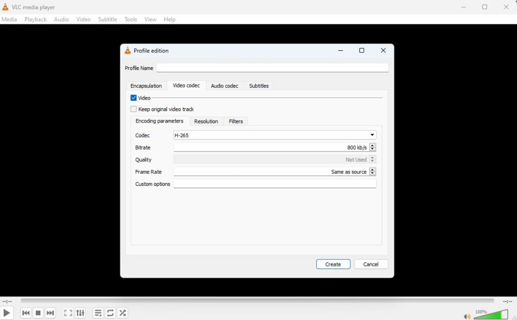 VLC Media Player's video compression settings