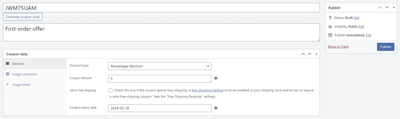 WooCommerce coupon creation form