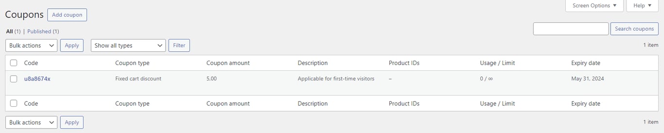 WooCommerce coupons section