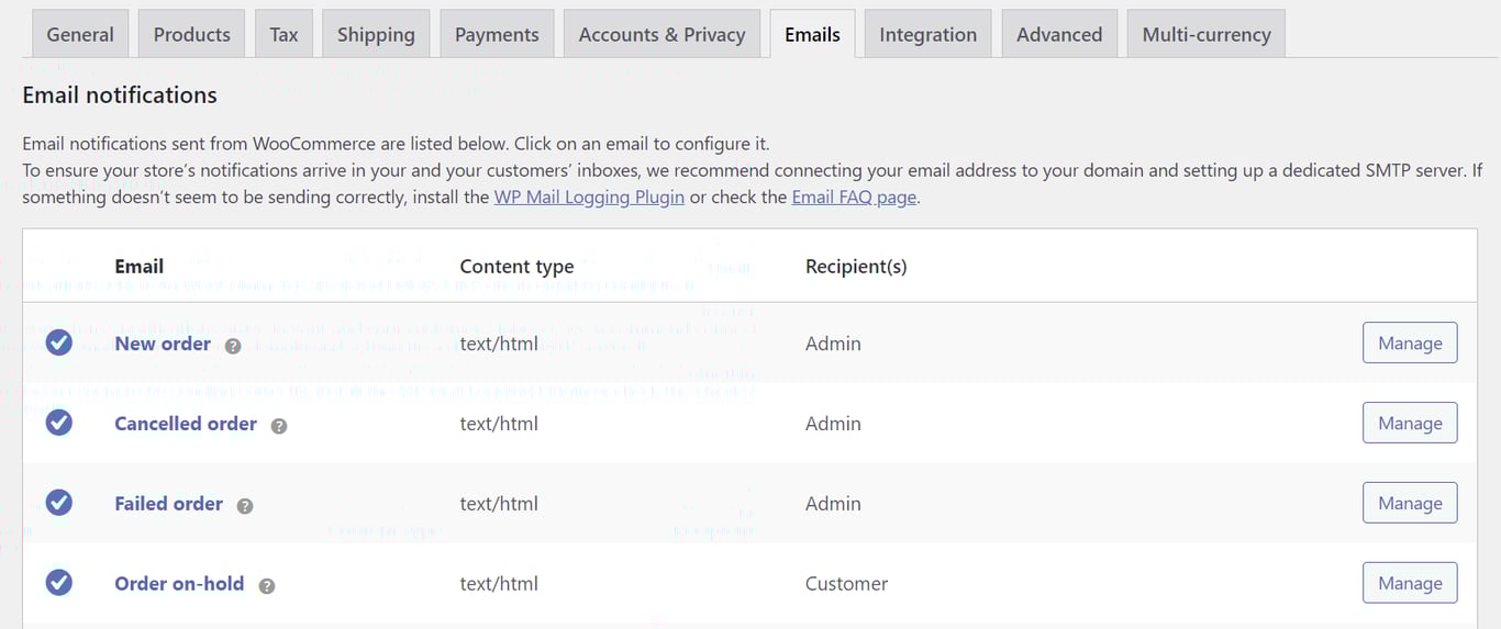 WooCommerce emails settings