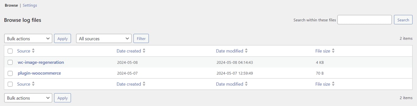 WooCommerce logs section